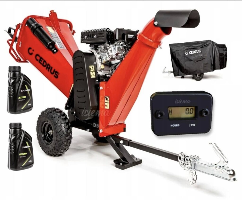 Rozdrabniacz spalinowy z zestawem akcesoriów – widok z tyłu i lewej strony